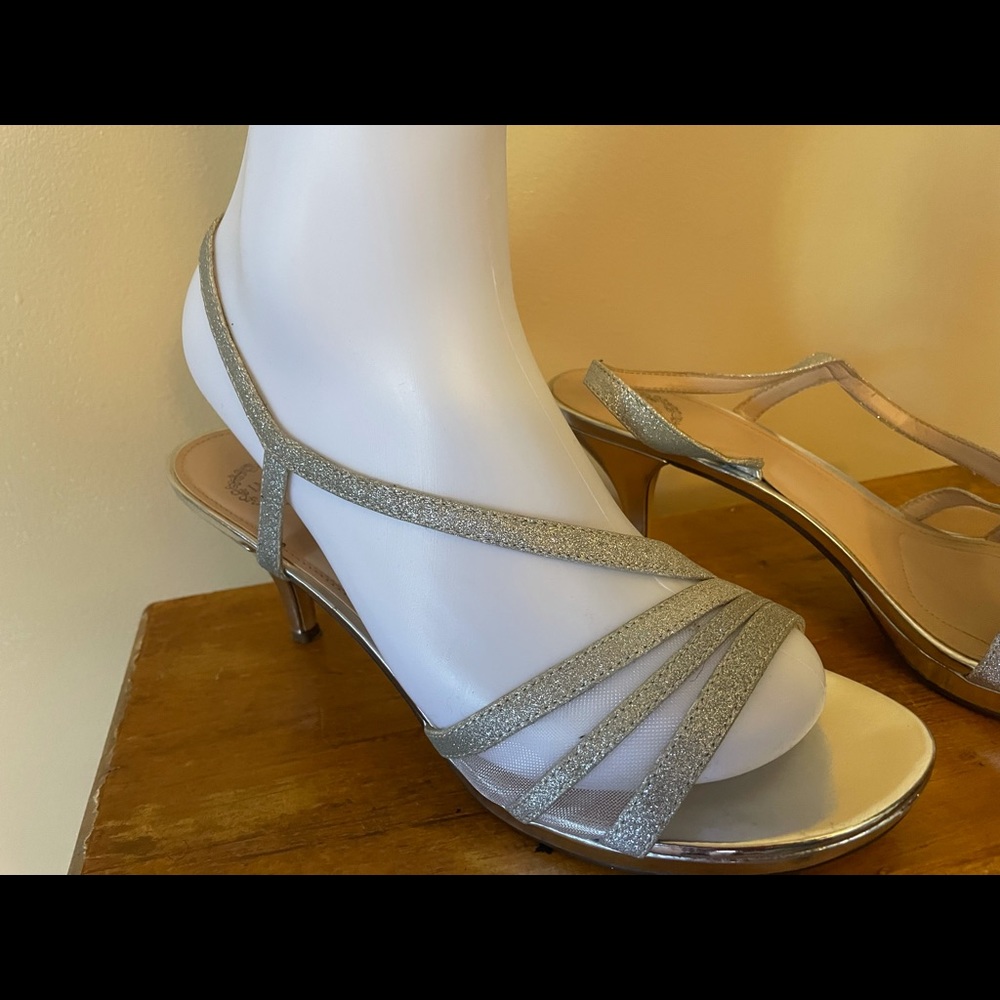 Silver and mesh short heel sandal.